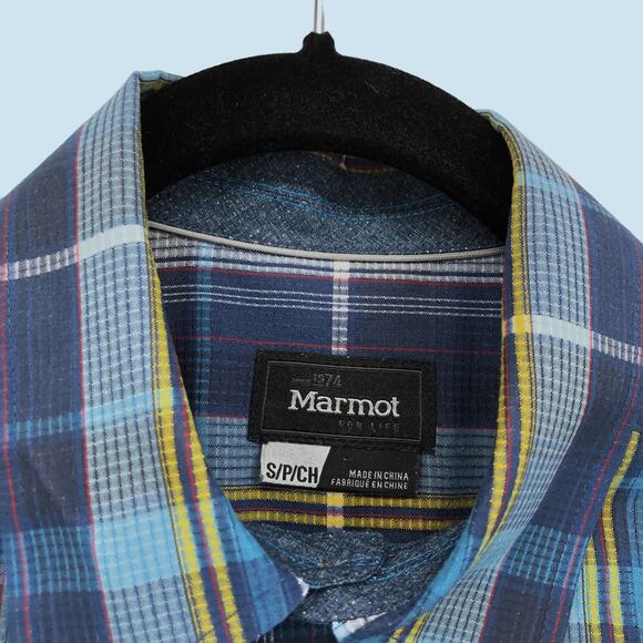 Marmot Plaid Button Up Shirt Blue Long Sleeve Lightweight Mens Small - Picture 2 of 7